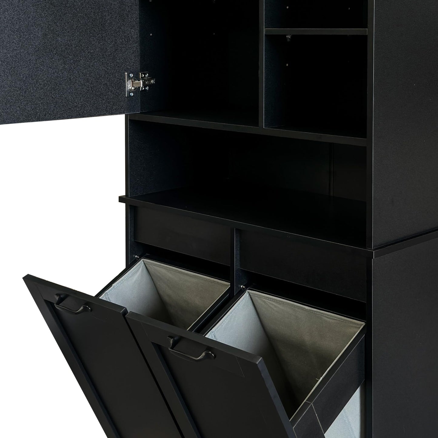 Roomfitters Tilt Out Laundry Hamper Cabinet with Hutch Modern Black Wooden Bathroom Storage Pantry Linen Tower, Black