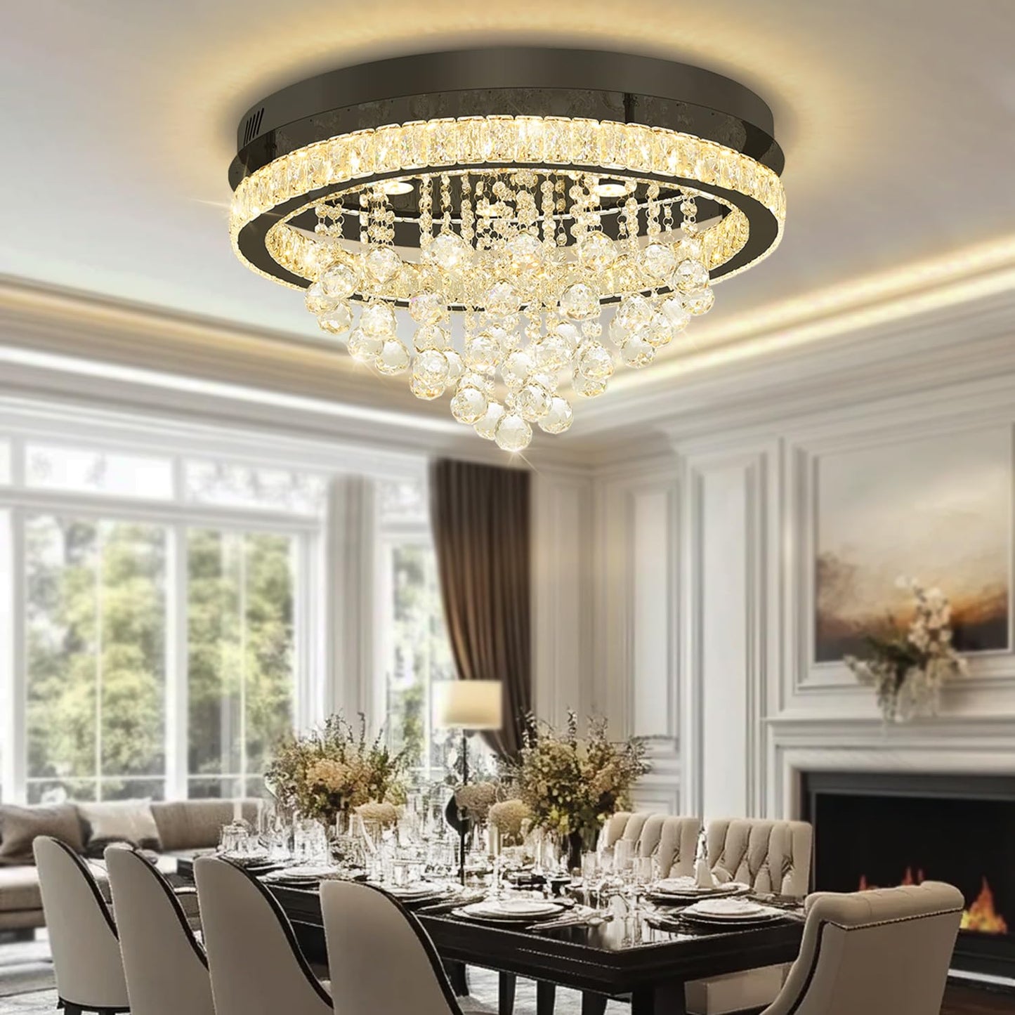 Shial Lighting Dia 24" Modern Crystal Chandeliers for Dining Room,Black Raindrop Chandelier Flush Mount Chandeliers for Living Room Bedrooms Dining Room Dimmable 2700k 4500k 6000k