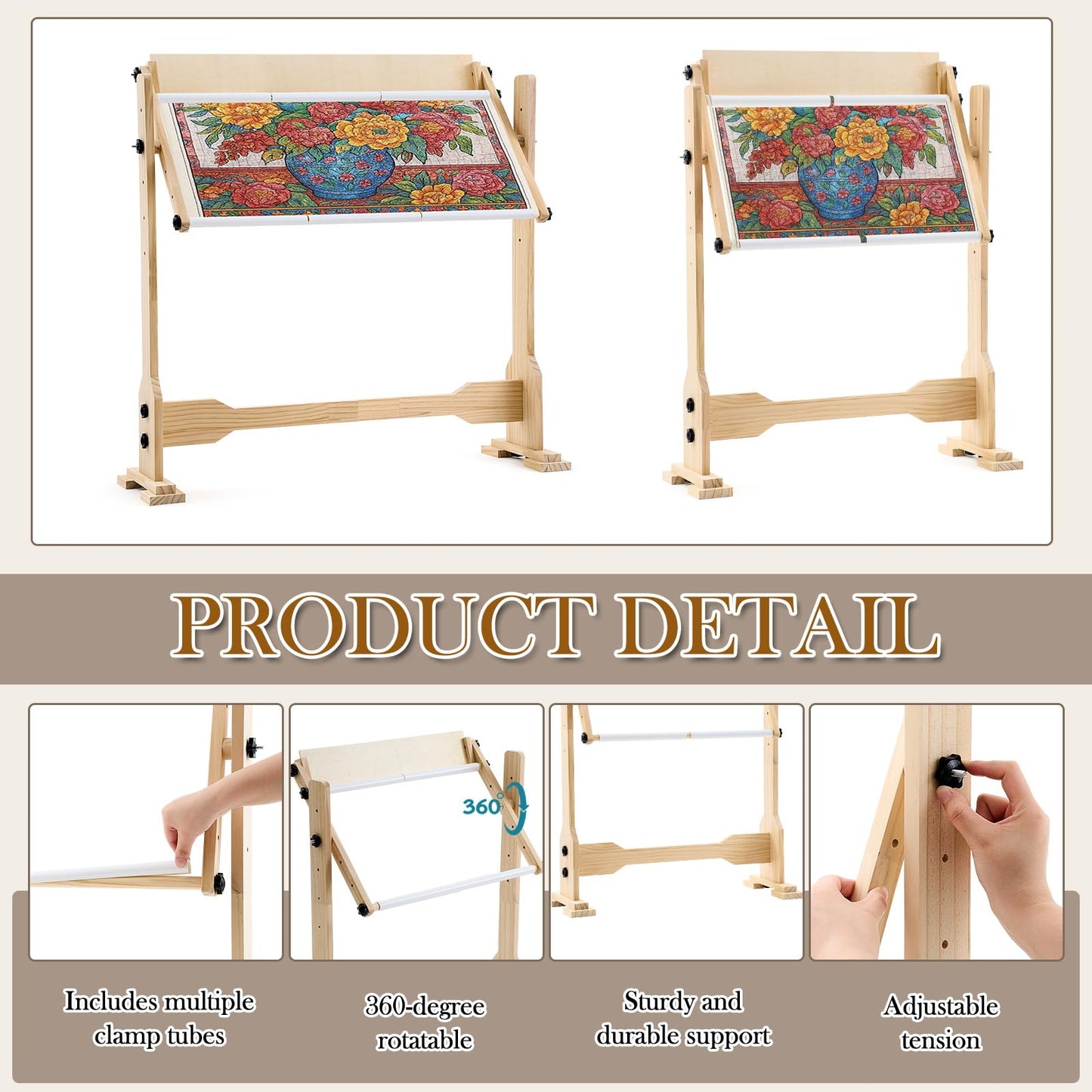 Colingmill Needlework Table and Adjustable Embroidery Stand, Cross Stitch Hoop Stand, Beech Wood Tapestry Cross Stitch Embroidery Frame Holder 21.5 x 16.3 and 44.3 x 16.3