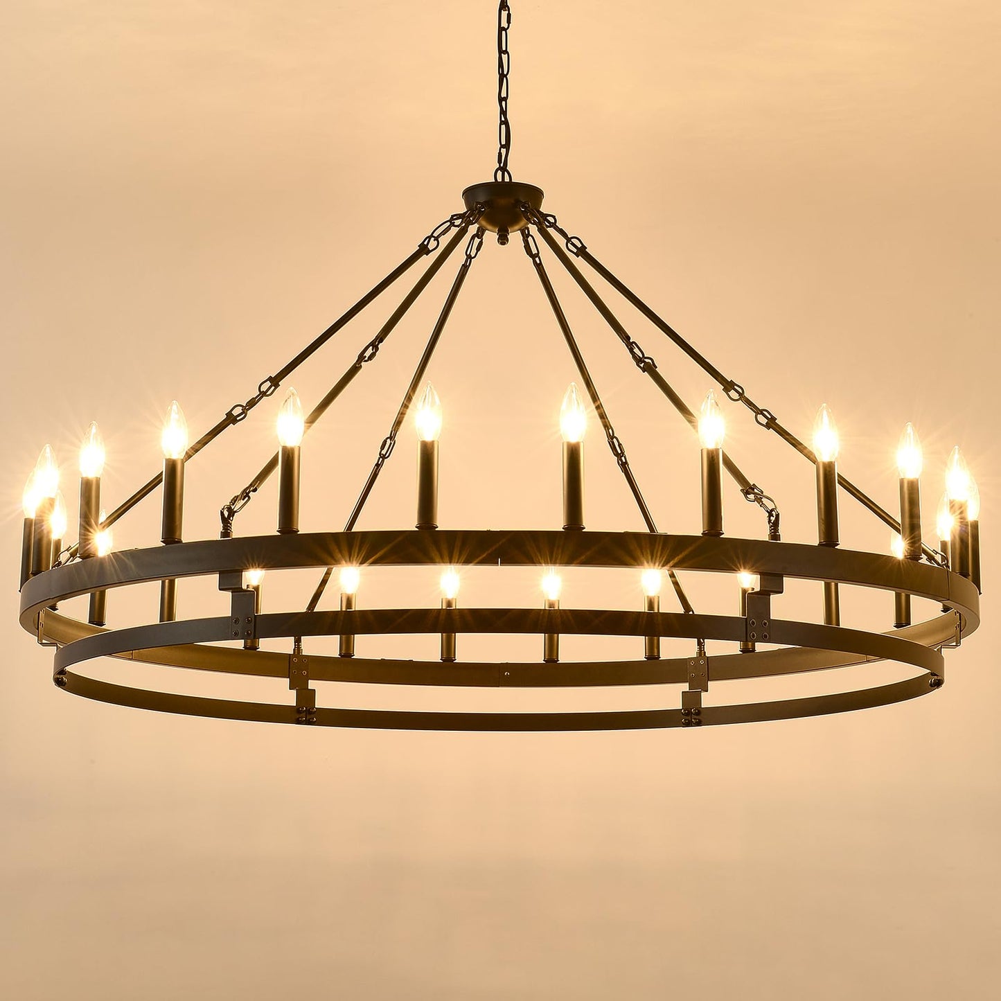 JKLX 53 inch Large Black Wagon Wheel Chandelier,Farmhouse Industrial Country Style Round Pendant Light Fixture,Round Ceiling Light fixtures for Outdoor Porch high Ceilings Living Foyer Entryway