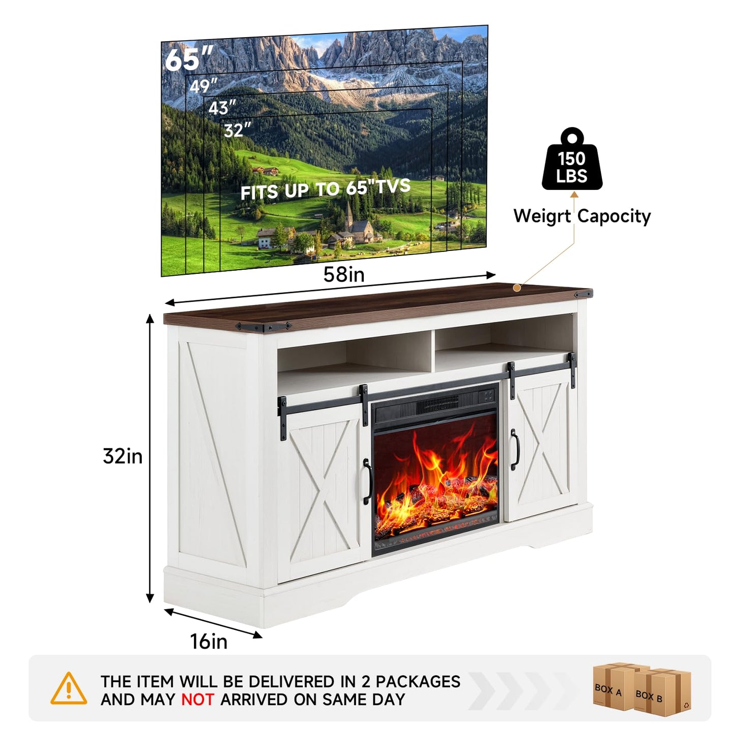 ROCKPOINT 58" Fireplace TV Stand for TV up to 65 Inch with Farmhouse Sliding Barn Doors, Highboy Entertainment Center with Storage Cabinet, 23" Electric Fireplace with Remote, White