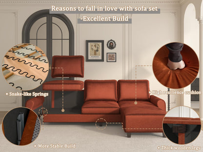 EASE MOOSE Large Seat Velvet L-Shaped Sofa, Soft 4 Seat Couch with Reversible Chaise, Comfy Sectional Modular Sofa with Removable Washable Covers for Living Room and Small Space, Caramel