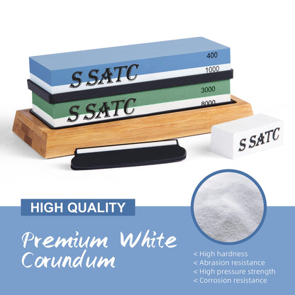 S SATC Knife Sharpening Stone Whetstone 4 Side Grit 400/1000 3000/8000 Stone Knife Sharpeners with Nonslip Rubber Bases, Wood Base, Flattening Stone, and Leather Strop