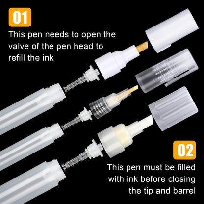 Sherr 16 Pcs Refillable Acrylic Paint Markers Empty Acrylic Markers White Refillable Paint Pen Round Tilted Flat Head Fillable Pen with 3 ml Dropper for Oil Water Ink Art Kit(3,6,8.5 mm)