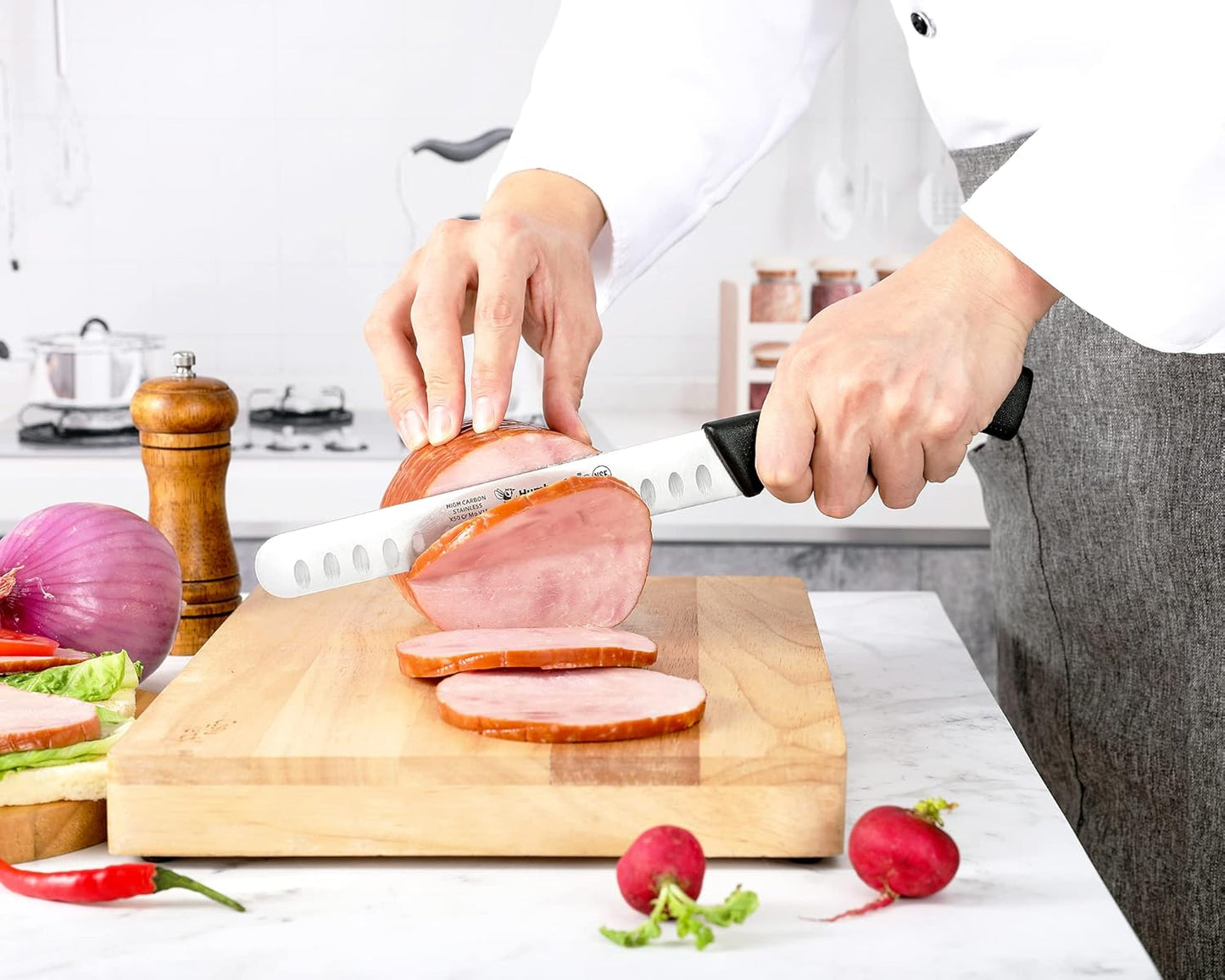 Chef 10-Inch Carving Knife, NSF Certified CP5-10, Granton Edge for Turkey Ham Meat Slicing, Black