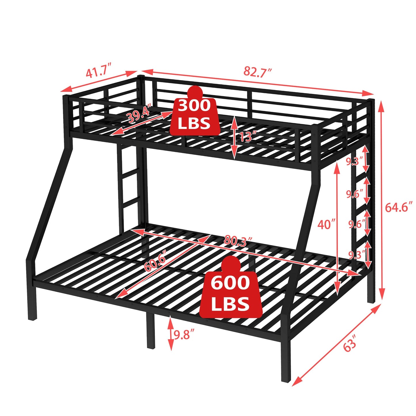Bellemave Metal Twin XL Over Queen Bunk Bed for Adults/Kids,Heavy Duty Adults Bunk Beds with Guardrail & Ladders,Twin XL Over Queen Size Bunk Beds for Teens,Black