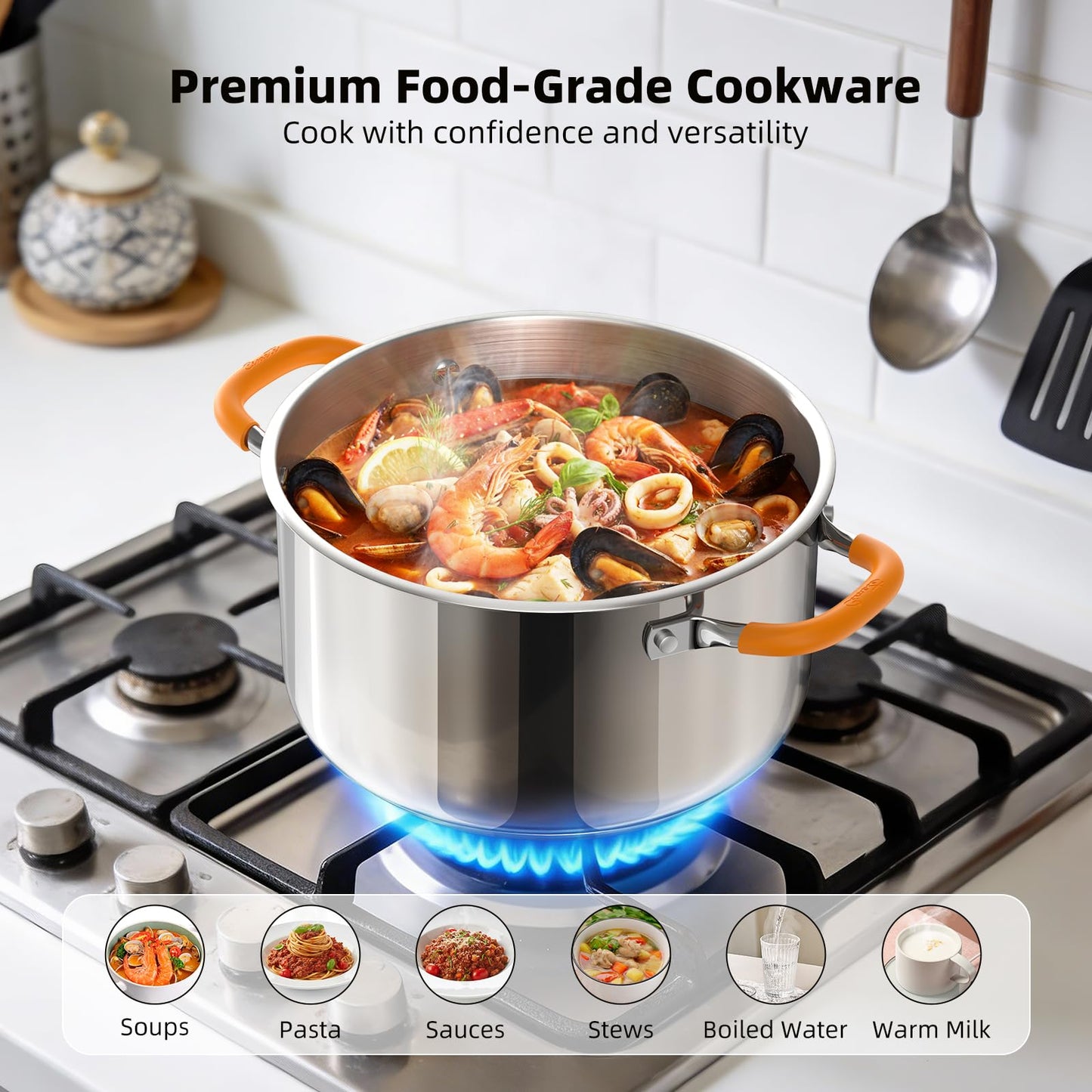 Ciwete Stainless Steel Stock Pot, 11 Quart Soup Pot with Lid, Heavy-Duty Thick Bottom Induction Cooking Pot for Pasta, Stew & Simmering, Fast Heating, Compatible with All Cooktops, Dishwasher Safe