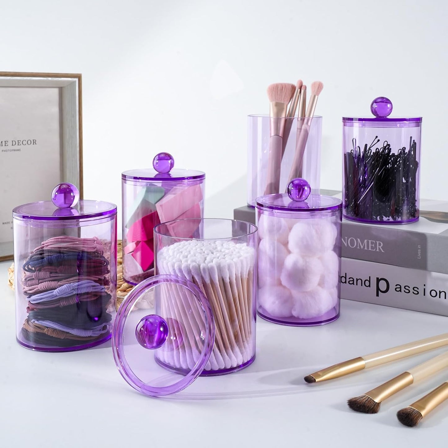 XIPENGKEJI Qtip Holder Set - Stylish Apothecary Jars for Cotton Swabs & Pads | 10oz-12oz Purple Canisters