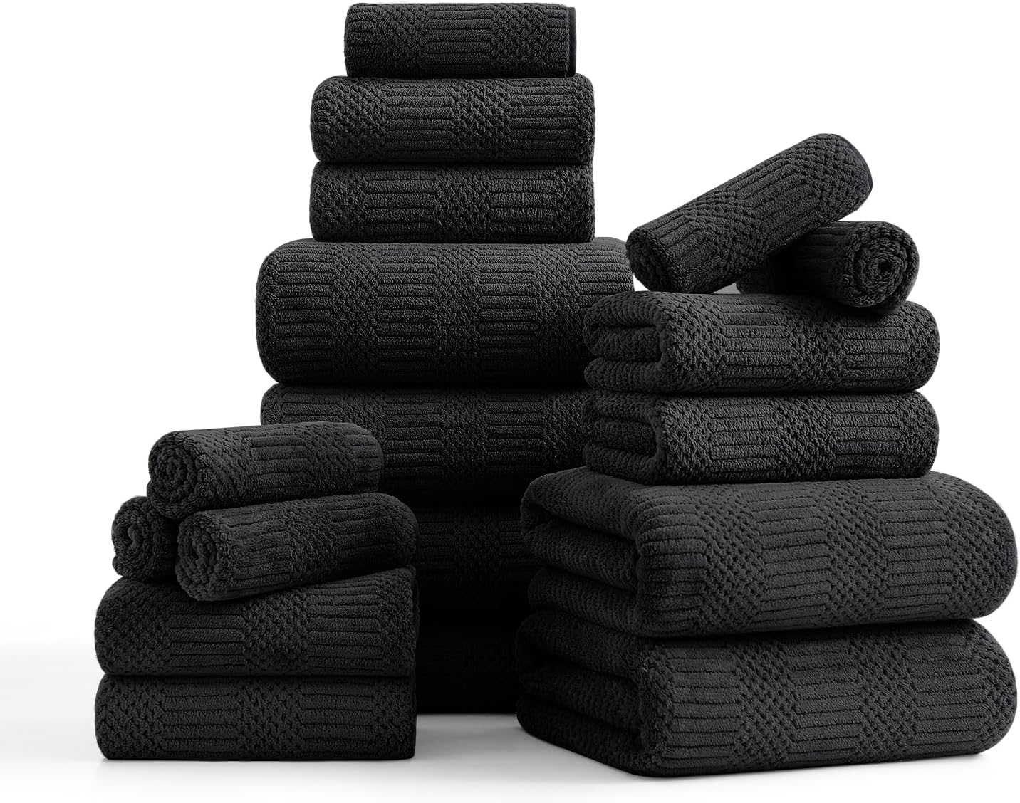 18 Set-6 Sheets,6 Towels,6 Set Pcs Black Woven Family Towels Bath Hand Washcloths Soft Polyester Towels Absorbent