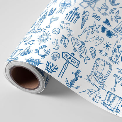 FYSUIMU Summer Wrapping Paper -Mini Roll- 17 Inch x 32.8 Ft Blue White Beach Fish Gift Wrap Paper Tropical Art Papers for Luau Pool Party Baby Shower Birthday DIY Crafts