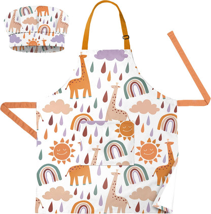 Kids Apron with Pocket & Chef Hat - Water Resistant Toddler Apron for Cooking