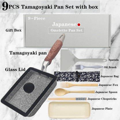 DXBVIEX 9Pcs Tamagoyaki Pan Set, Japanese Omelette Pan Nonstick with Lid, Square Japanese Egg Skillet Rectangle 7"x5" Grey