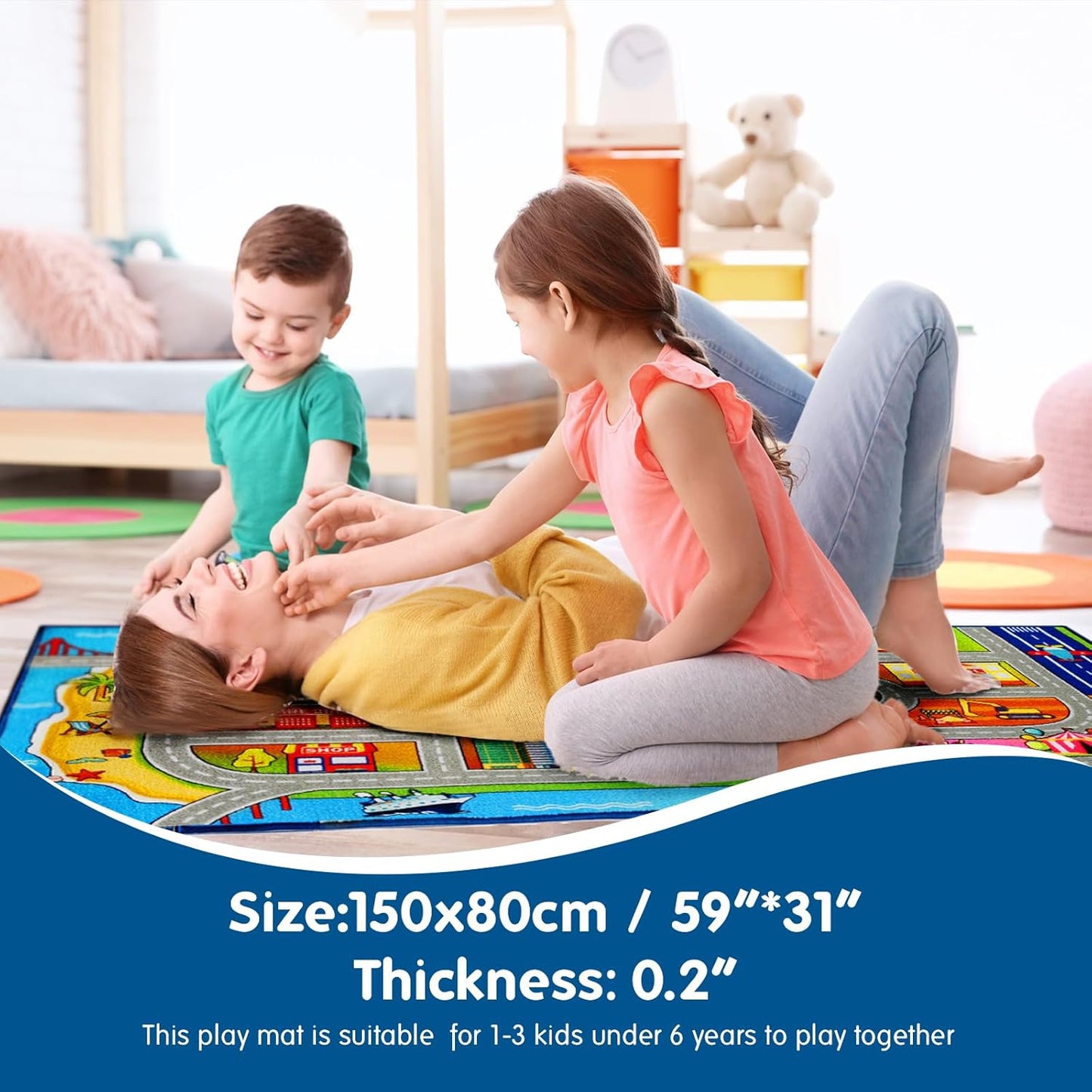12 3+ Booooom Jackson Kids Carpet Playmat with Toy Cars for Age Colorful Non Slip City Rug for Kids Track Play Mat