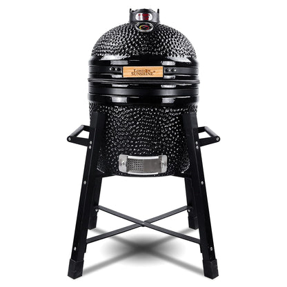 London Sunshine Ceramic Kamado Charcoal BBQ Grill and Smoker, Stainless Steel Grates -15" Ceramic with Tall Stand (BLACK)