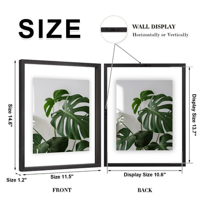 Egofine 11x14 Floating Frames Set of 2, Double Plexiglass Picture Frame, Made of Solid Wood Display Any Size Photo up to 11x14, Wall Mount or Tabletop Standing, Faded Black
