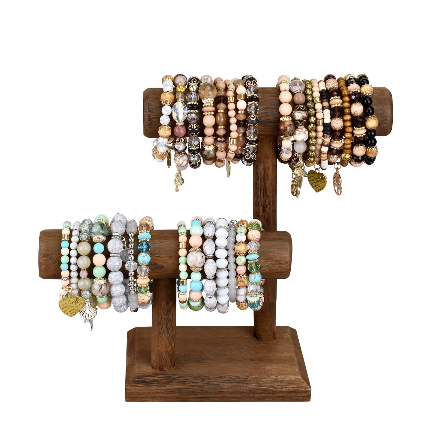 Ikee Design 2 Tier Wooden Jewelry Bracelet Watch Display Tower, Bangle Scrunchie Necklace Holder Storage Stand, 7.9 W x 4.3 D x 9.4 H in, Brown Color