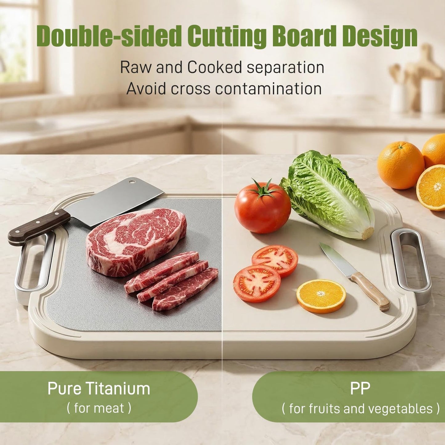 Titanium Cutting Board for Kitchen Double Sided Pure Titanium Chopping Board, 100% Pure Titanium & Wheat Straw PP Food Grade Metal Cutting Board, Non-Slip Durable Easy to Clean (Large)