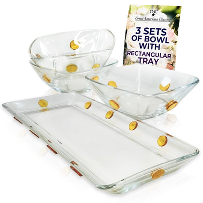 GAC Elegant Glass Square Bowls Set with Matching Rectangular Tray - 3-Piece Decorative Glass Centerpiece with Gold Dots, Square Serving Bowls for Condiments, Snacks, & Parties- Thoughtful present.