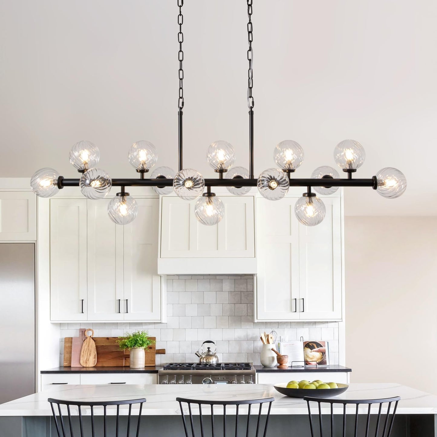 DFJL 50" Modern Linear Chandelier,Mid Century Black Finish and Transparent Pleats Glass Bubble Sputnik Pendant Light Fixtures, for Dining Room Kitchen Island Rectangle Over Table 16-Lights