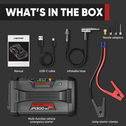 LOKITHOR JA300 Jump Starter with Air Compressor, 1500Amp 12V Portable Car Battery Booster Pack for Upto 7.0L Gas or 4.5L Diesel, 150 PSI Tire Inflator with Digital Screen, 24 Months Ultra-Long Standby