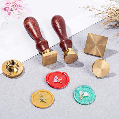 CRASPIRE Blank Wax Seal Stamp Set 6PCS Sealing Solid Brass Stamp Head 20-30.5mm Round Square+2PCS Wood Handle Retro Removable Brass Stamp Kit for Letter Envelope Invitation Wedding Gift Decoration
