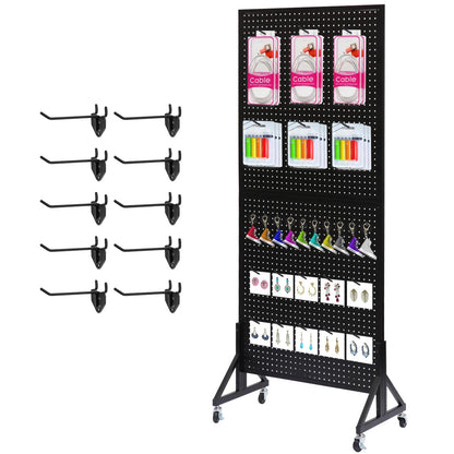 Eastern Tree 2.5'x 6' Metal Pegboard Display Stand with T-Base, Black Peg Board Panels Display with Casters, Standing Pegboard Display, Retail Display Stand, Extra 10 Pieces Hooks, Black