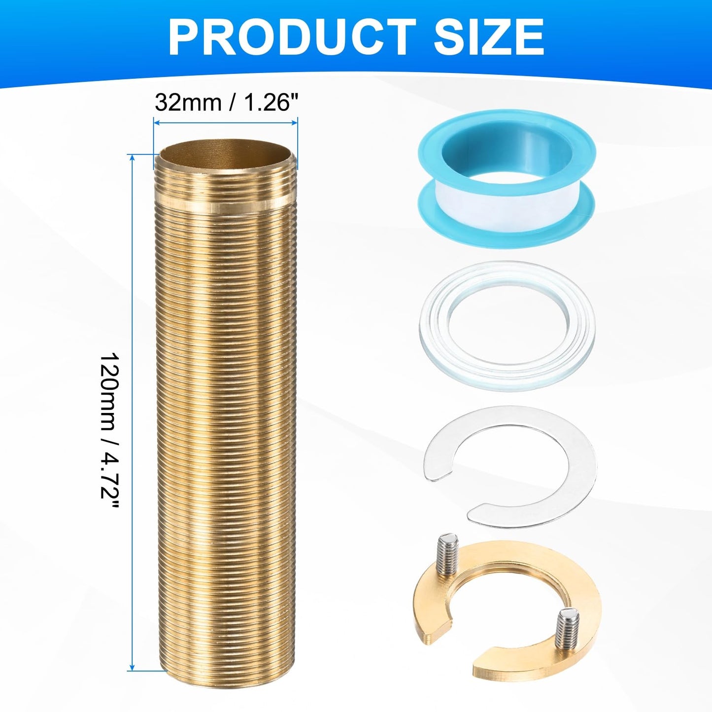 uxcell Faucet Mount Extension Shank 4.7"x 1.25" Brass Pipe Faucet Extension Nipple Locknut Kit with Brass Anti-Loose Nut and Gasket Fittings for Basin