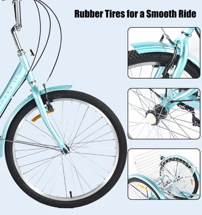 DONGSHAN Tricycle Adult Folding Bicycle Comfortable seat 3 Wheel Bicycle Rear Enlarged Vegetable Basket Double Chain 20/24in for Parents and Children Maximum Load 440lbs 7speed (24in-Blue)