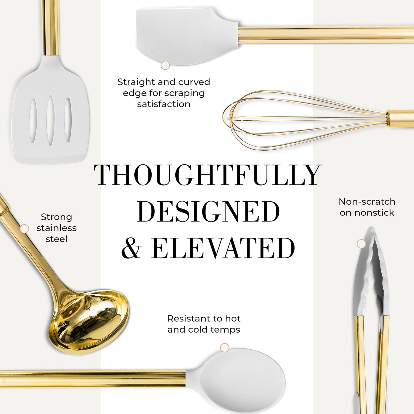White Silicone and Gold Cooking Utensils Set with Gold Utensil Holder - 7-Piece Silicone Cooking Tools - Ideal for Nonstick Cookware and Stylish Modern Kitchens - Luxury Kitchen Accessories.