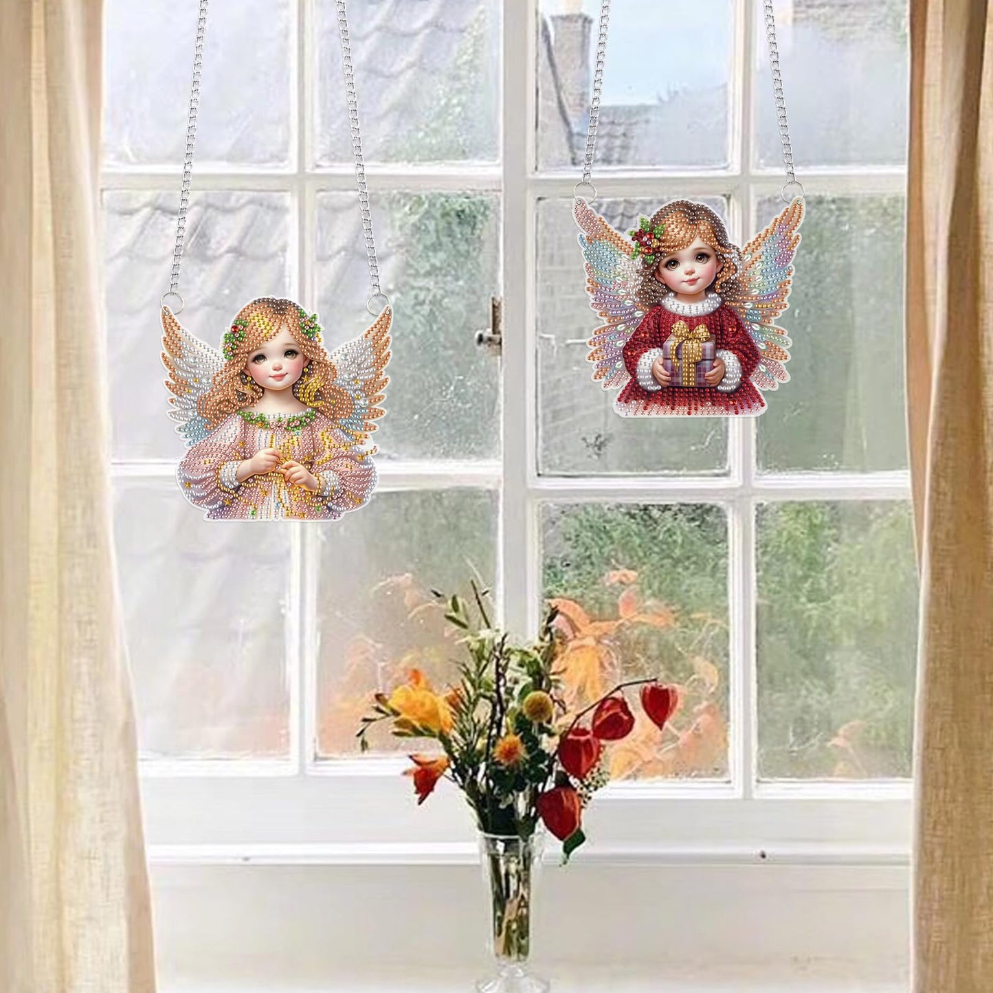 LazyFold 2 Pcs DIY Acrylic Diamond Art Painting Angel Kits Special Shaped Rhinestone 5D Diamond Art Window Pendants Home Garden Wall Hanging Kits Hanging Ornament