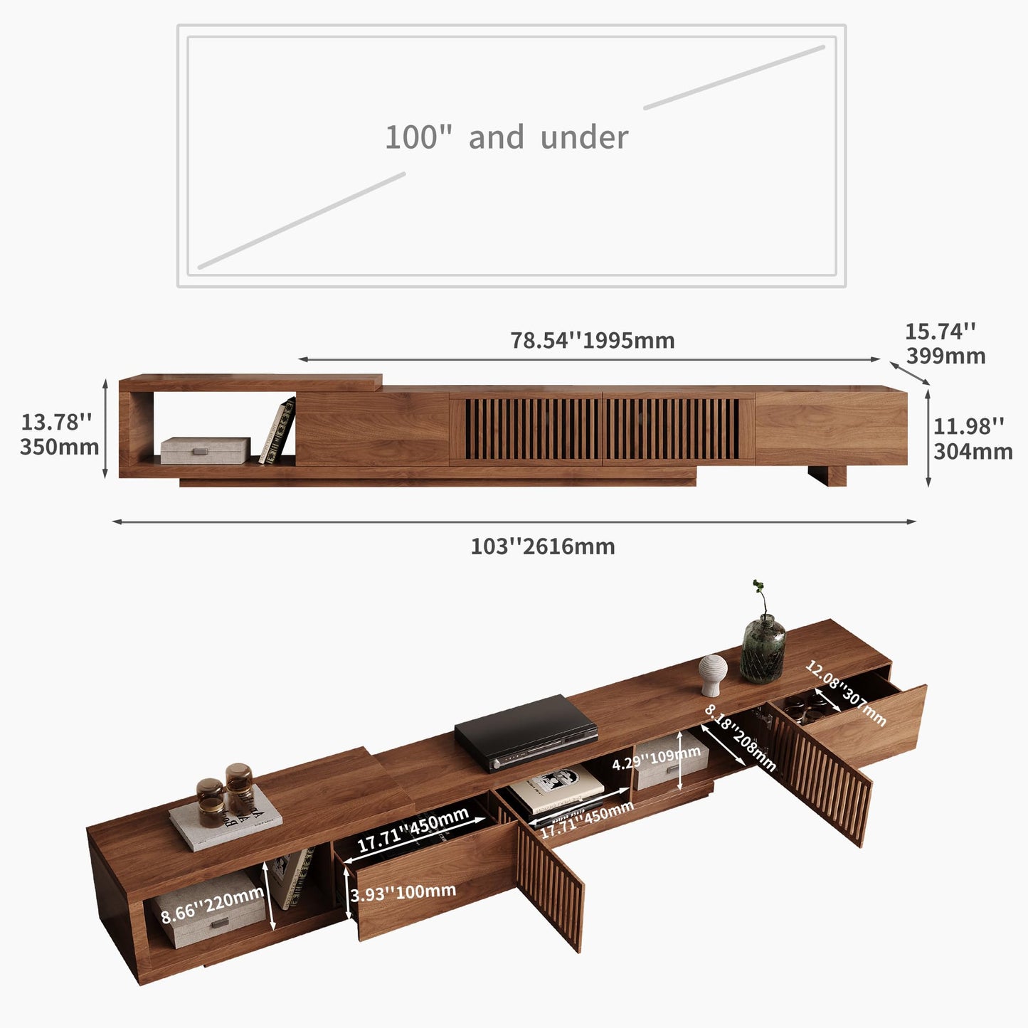 gaoyangjiaju 78.5"-105" Mid-Century Modern Extendable TV Stand, Walnut Media Console with 2 Drawers and 2 Cabinets, Fits TVs up to 100 Inches for Living Room or Bedroom
