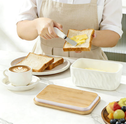 KOOV Porcelain Large Butter Dish with Lid, Airtight Butter Container with Oak Lid, Perfect for 2 Sticks, Texture Series (White)
