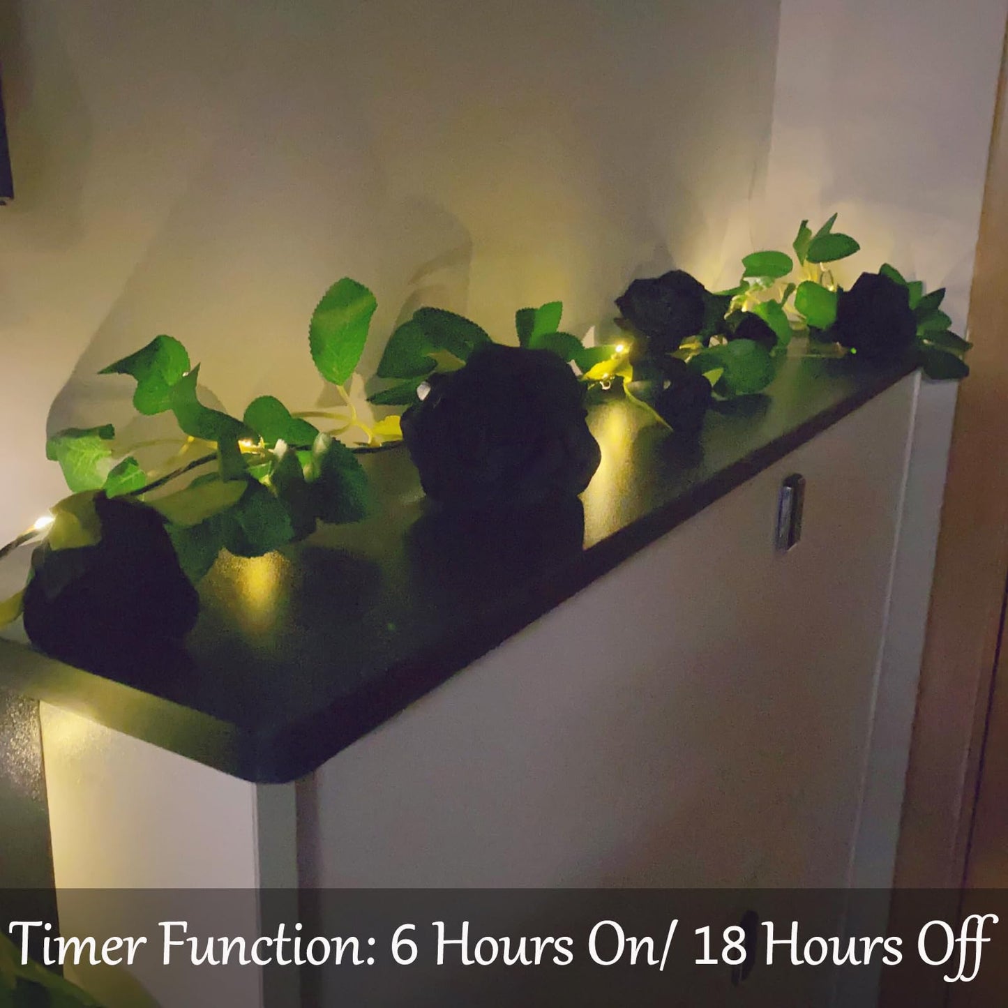 Fielegen 6.56 FT Halloween Artificial Black Rose Vine Lights Fake Floral Garland Wall Decoration Faux Plants Rose Vine with 20 LED Fairy Lights Battery Operated String Lights for Garden Wedding Decor