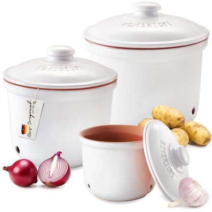 Romertopf Freshness Storage Potato Onion Garlic Clay Pot Set of 3 with Lids - White