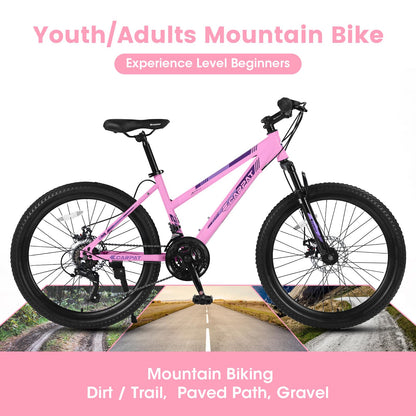Ecarpat Women's Mountain Bike 24 Inch Wheels, 21-Speed Trail Commuter City Mountain Bikes, 15" Carbon Steel Frame Female Bicycles Disc Brakes Front Fork, Pink