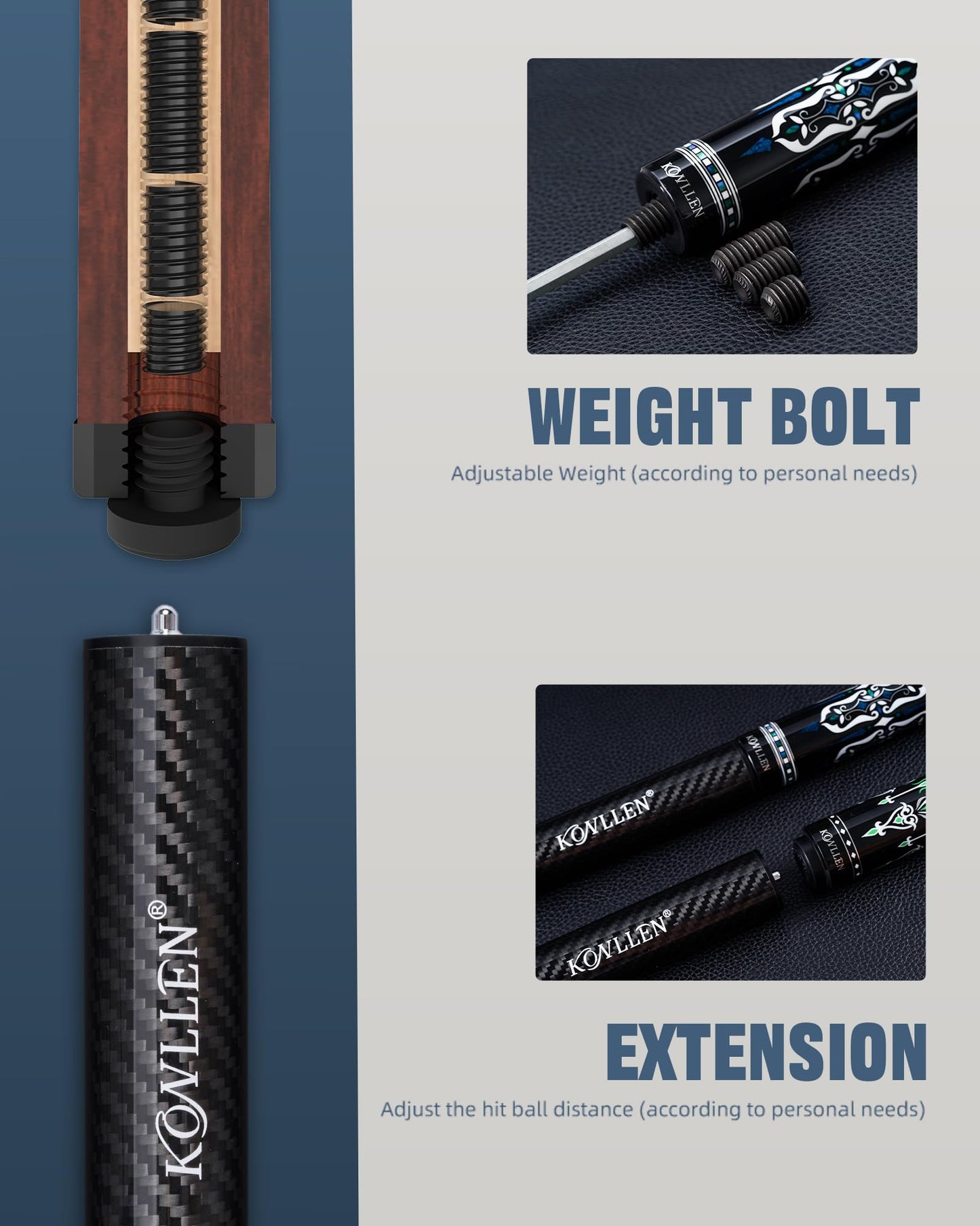 KONLLEN Carbon Fiber Pool Cue Stick Low Deflection Pool Cue Profession Billiards Cue Set for Adults with Billiards Accessories