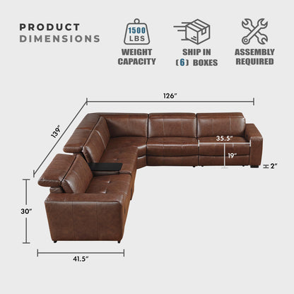 Lexicon Sectional Couches for Living Room-Modular Sectional Sofa, 5 Seater L Shaped Couch, Storage Console, Power Headrests, Charging Ports, 3 Wall Hugger Recliner Seats, Top Grain Leather Brown