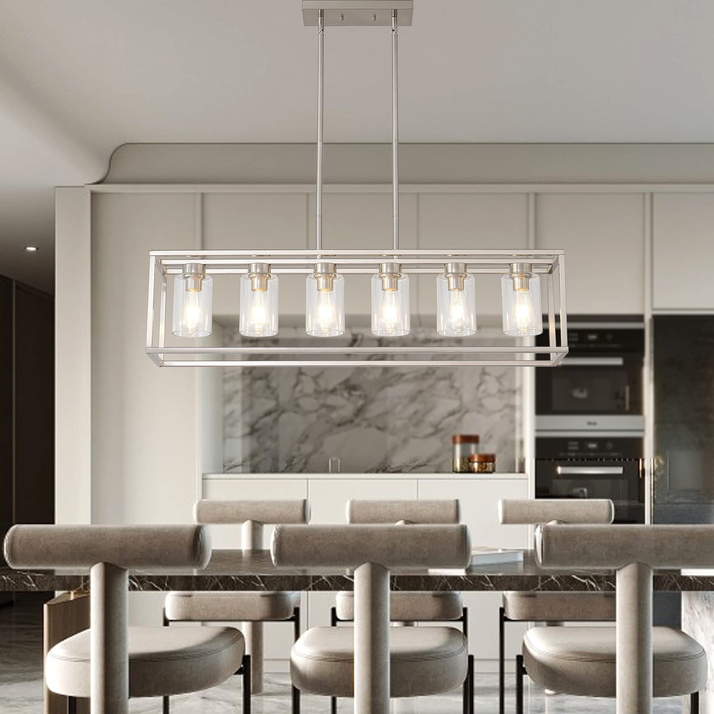 XILICON Dining Rooms Brushed Nickel Chandeliers,Kitchen Island Farmhouse Lighting Fixture Industrial Rustic Ceiling Hanging 6 Light Modern Pendant Light with Glass Shade