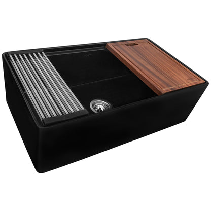 Ruvati 33 inch Fireclay Workstation Black Farmhouse Kitchen Sink Apron Front Single Bowl – RVL2387BK