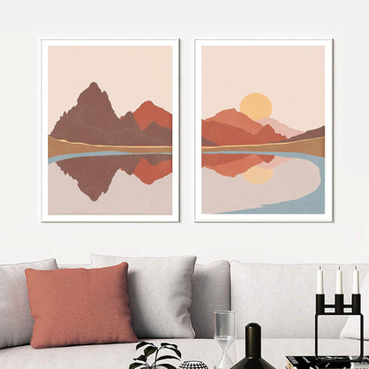 Bankrenart Nature Landscape Wall Art Prints, Mid Century Boho Mountain Sun Lake Wall Art, Modern Canvas Prints