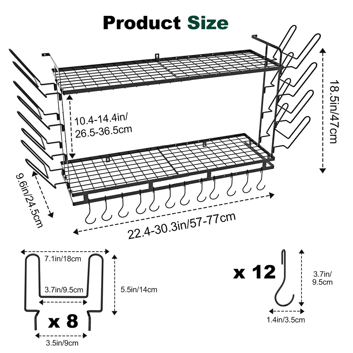 Housolution Pot Rack Wall Mounted, 22''-30'' Length Expandable, 3 Level Height Adjustable, 2 Tier Heavy Duty Hanging Cookware Pan Organizer with 12 Hooks and 8 Lid Holders