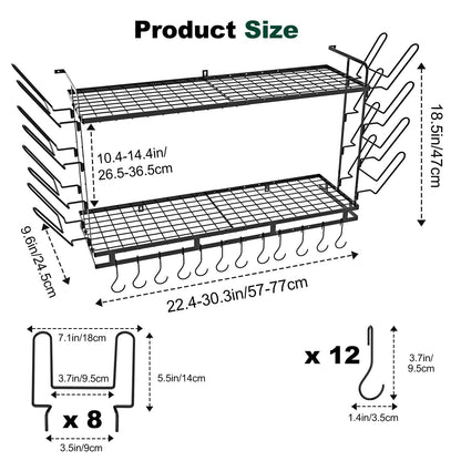 Housolution Pot Rack Wall Mounted, 22''-30'' Length Expandable, 3 Level Height Adjustable, 2 Tier Heavy Duty Hanging Cookware Pan Organizer with 12 Hooks and 8 Lid Holders