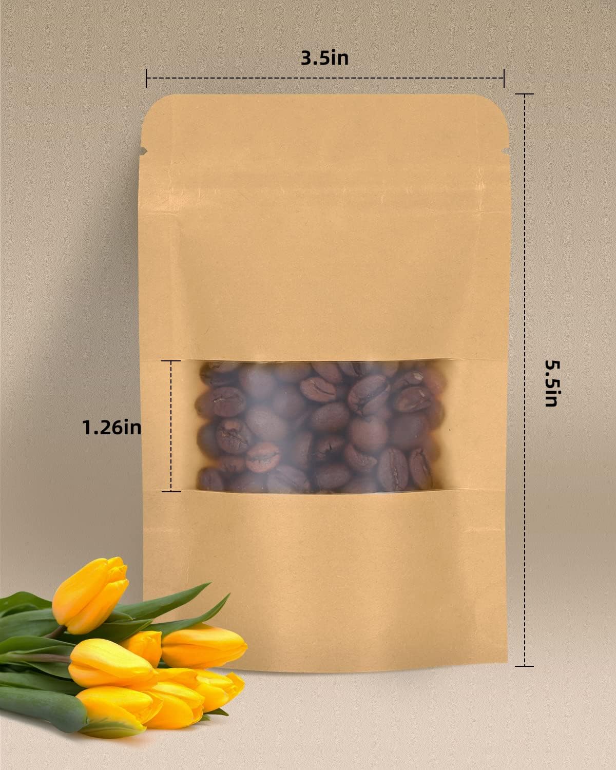 100pcs Kraft Bags with Window, 3.5x5.5 Inches, Brown Reusable Zip Lock Food Storage Pouches
