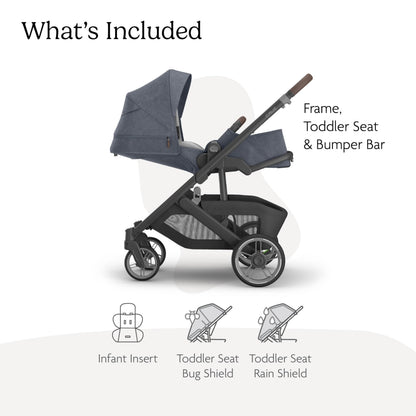 UPPAbaby Cruz V3 Stroller - from Birth + Car Seat Compatible - Full-Size, Reversible Seat - Infant Insert, Bug and Rain Shields Included - Julian (Dusty Blue Mélange/Carbon Frame/Chestnut Leather)