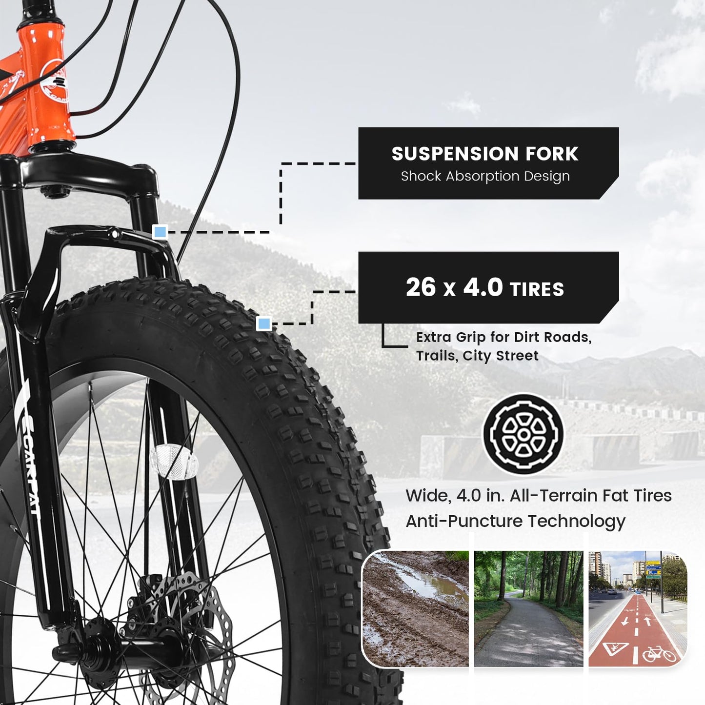 richvelo 26 Inch Fat Tire Bike Adult/Youth Full Shimano 7 Speeds Mountain Bike, Dual Disc Brake, High-Carbon Steel Frame, Front Suspension, Mountain Trail Bike, Urban Commuter City Bicycle