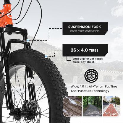 richvelo 26 Inch Fat Tire Bike Adult/Youth Full Shimano 7 Speeds Mountain Bike, Dual Disc Brake, High-Carbon Steel Frame, Front Suspension, Mountain Trail Bike, Urban Commuter City Bicycle