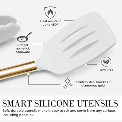 White Silicone and Gold Cooking Utensils Set with Gold Utensil Holder - 7-Piece Silicone Cooking Tools - Ideal for Nonstick Cookware and Stylish Modern Kitchens - Luxury Kitchen Accessories.