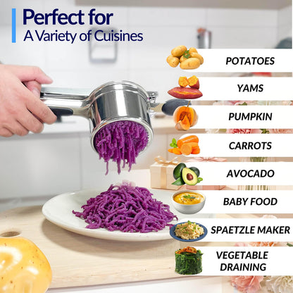 Potato Ricer, Ricer for Mashed Potatoes, 3 Interchangeable Discs Potato Masher Stainless Steel for Fluffy Mashed Potatoes, Heavy Duty Spaetzle Maker with Silicone Handle, for Gnocchi Spaghetti