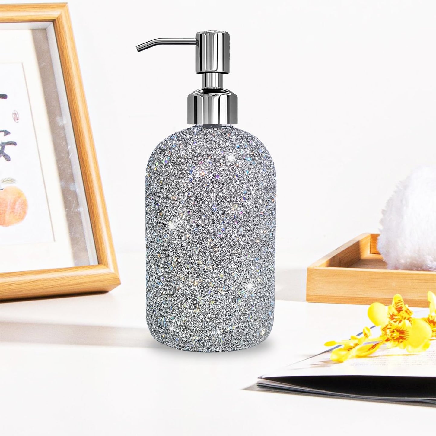 SlowVibes 18Oz Bling Glass Soap Dispenser with Rust Proof Stainless Steel Pump,Refillable Liquid Hand Wash Bottle for Bathroom Kitchen,Sparkle Decorative Shower Dispenser,Rhinestone Lotion Dispenser