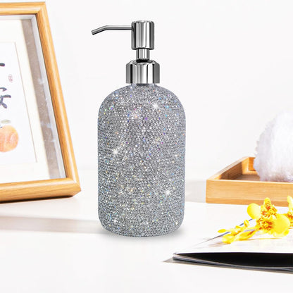 SlowVibes 18Oz Bling Glass Soap Dispenser with Rust Proof Stainless Steel Pump,Refillable Liquid Hand Wash Bottle for Bathroom Kitchen,Sparkle Decorative Shower Dispenser,Rhinestone Lotion Dispenser